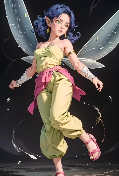 (masterpiece, best quality), 1girl,   <lora:fairy_v0_2_prod:0.8> fairy,blue hair,green eyes,small breasts,curly hair,pointy ears,long hair,fairy wings, light green strapless shirt,pink sarong,light green harem pants,bandaged arm, armlet,earrings, pink sandals