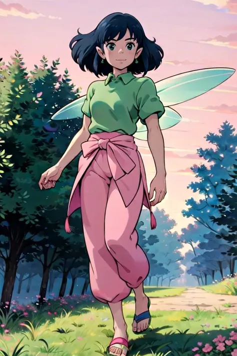 fairy,full body, blue hair, 1girl,solo,green eyes,small breasts,curly hair,pointy ears,long hair,light green strapless shirt, wings, pink sarong,light green harem pants,pink sandals,grass, tree, pink sky,closed mouth, smile,(best quality, masterpiece) <lora:fairy_v1:0> ,masterpiece, best quality, 8k, <lora:Miyazaki:1>