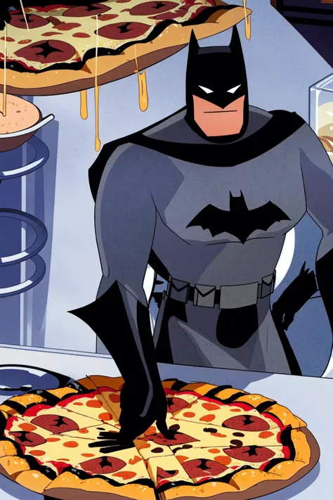 masterpiece,strong body,(medium close-up:1.3),(clean kitchen background:1.3),
(batman serving a plate of perfect Pepperoni Pizza,:1.3),grey bodysuit, utility belt, black gloves, boots,(smile,cute apron:1.3),cheff hat<lora:batman:0.9>