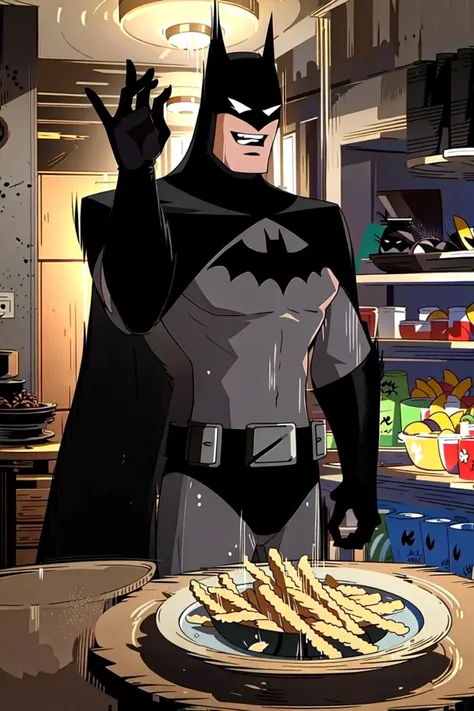 (masterpiece:1.3),
<lora:batman:0.75>, Batman, male focus, black bodysuit, long black cape, superhero, 1boy, sharp focus, 4k textures, even lighting, well lit, looking at viewer, body facing camera, straight on shot, scowl,<lora:SaltBaeMeme:0.8> saltbaememe, sunglasses, salting a big bowl of French fries,(laughing:1.5)