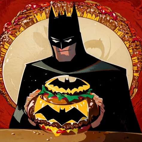 (masterpiece:1.3),
<lora:batman:0.7>, (Batman serving a giant hamburger:1.5), ((laughing)), cinematic lighting, film grain