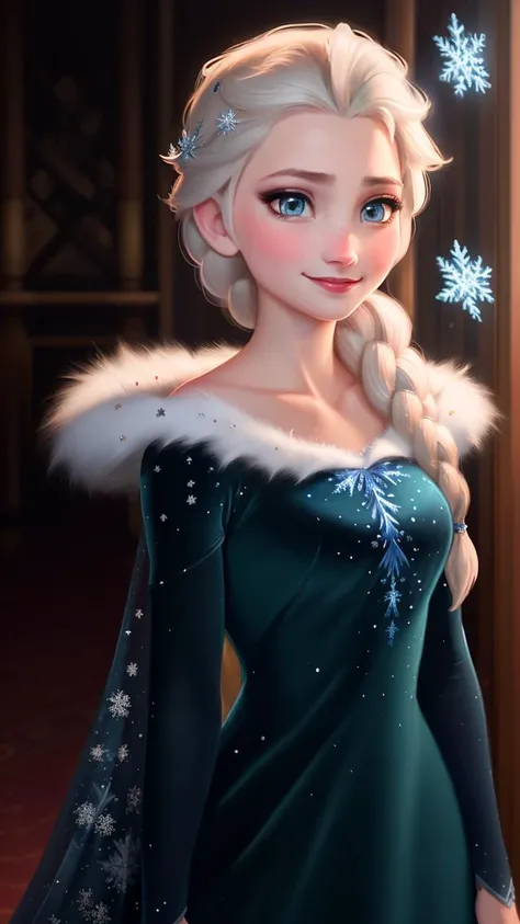 (masterpiece:1.4), (best qualit:1.4), (high resolution:1.4),dark cape, dark dress, elsa of arendelle, fur trim, single_braid, snowflake_pattern, smile, snow,<lora:elsa_of_arendelle_v1:1>, detailled face, insane amount of details, face to face, 1 girl, solo, intricate, detailled environment, highly detailed, majestic, digital photography, art by artgerm and ruan jia and greg rutkowski, (masterpiece, sidelighting, finely detailed beautiful eyes: 1.2), hdr, 1 girl, solo, wallpaper, sharp focus,