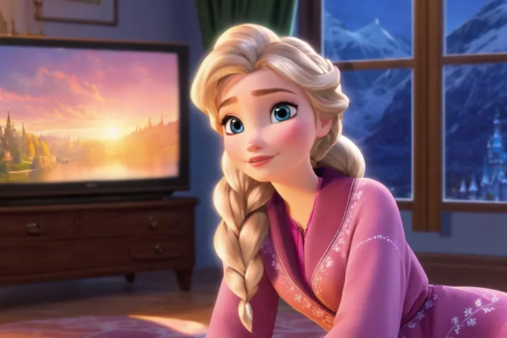 (masterpiece:1.4), (best qualit:1.4), (high resolution:1.4), elsa of arendelle in front of a tv, (elsa of arendelle wears cozy pajamas:1.5), (looks at the television:1.9), living room, cozy mood, evening <lora:elsa_of_arendelle_v1:1>