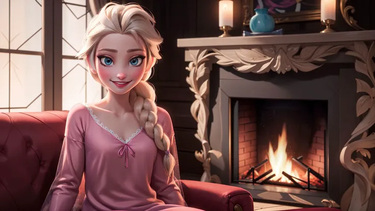 (masterpiece:1.4),(best qualit:1.4),(high resolution:1.4),elsa of arendelle,nightgown,sitting,single braid,(looking at viewer:1.1),(night:1.2),couch,fireplace,smile,<lora:elsa_of_arendelle_v1:1>,1girl,solo,solo focus,