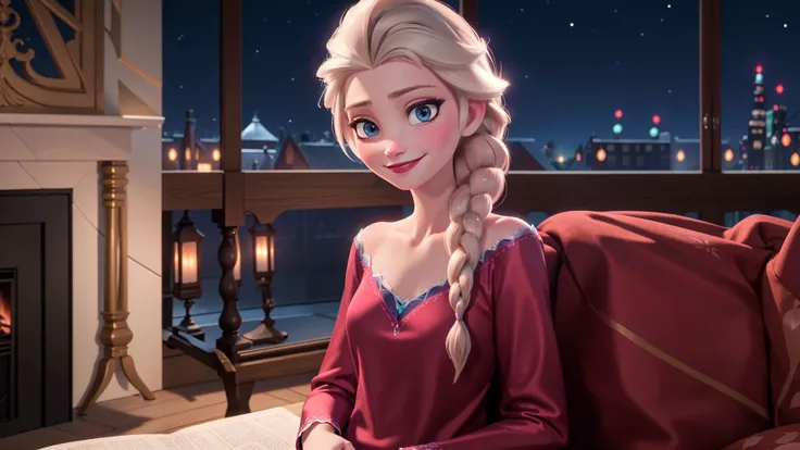 (masterpiece:1.4),(best qualit:1.4),(high resolution:1.4),elsa of arendelle,nightgown,sitting,single braid,(looking at viewer:1.1),(night:1.2),couch,fireplace,smile,<lora:elsa_of_arendelle_v1:1>,1girl,solo,solo focus,