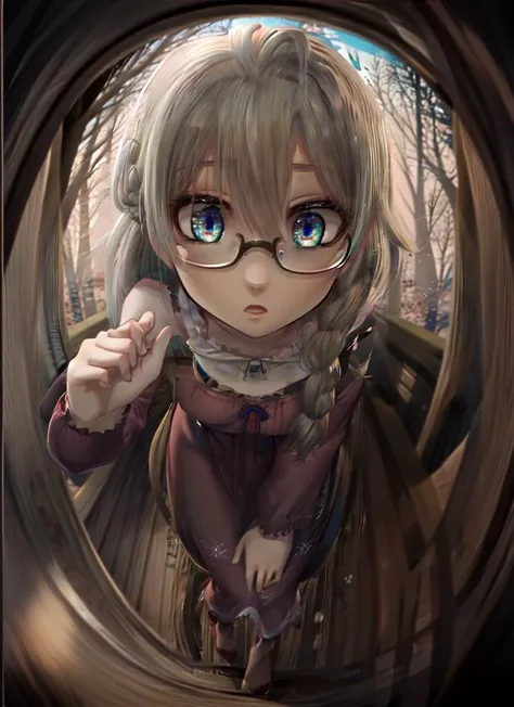 ((best quality)), ((highly detailed)), masterpiece, absurdres, extremely detailed face, beautiful face, (detailed eyes, deep eyes), (1girl), (glasses), <lora:peephole:.7>, ((peep)), fisheye lens, dynamic pose, full body, wide shot, <lora:hairdetailer:1>, <lora:elsa_of_arendelle_v1:1>, elsa of arendelle, nightgown, single braid, (outside, at a forest, forest canopy, dusk, shooting star)