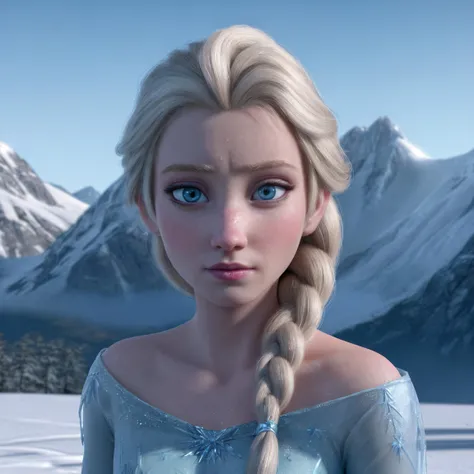 (masterpiece:1.4), (best qualit:1.4), (high resolution:1.4), elsa of arendelle, blue ice dress, single braid, (looking at viewer:1.1), mountain, snow, ice, <lora:elsa_of_arendelle_v1:0.75>, realistic, ultra quality, highly detailed, ultra HD realistic, ultra quality, highly detailed, ultra HD, face focus