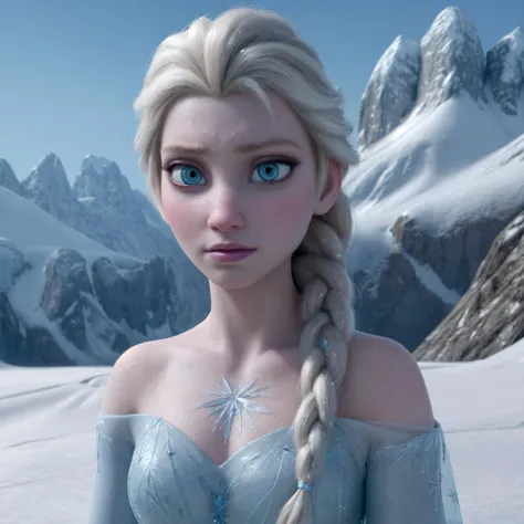 (masterpiece:1.4), (best qualit:1.4), (high resolution:1.4), elsa of arendelle, blue ice dress, single braid, (looking at viewer:1.1), mountain, snow, ice, <lora:elsa_of_arendelle_v1:0.75>, realistic, ultra quality, highly detailed, ultra HD realistic, ultra quality, highly detailed, ultra HD, face focus