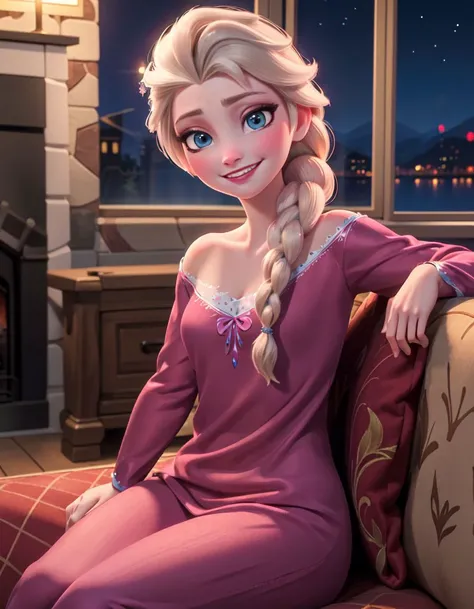 (masterpiece:1.4),(best qualit:1.4),(high resolution:1.4),elsa of arendelle,nightgown,sitting,single braid,(looking at viewer:1.1),(night:1.2),couch,fireplace,smile,<lora:elsa_of_arendelle_v1:1>,