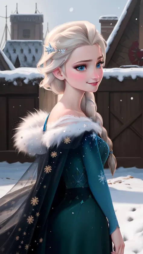 (masterpiece:1.4), (best qualit:1.4), (high resolution:1.4),dark cape, dark dress, elsa of arendelle, fur trim, single_braid, snowflake_pattern, smile, snow,<lora:elsa_of_arendelle_v1:1>, detailled face, insane amount of details, face to face, 1 girl, solo, intricate, detailled environment, highly detailed, majestic, digital photography, art by artgerm and ruan jia and greg rutkowski, (masterpiece, sidelighting, finely detailed beautiful eyes: 1.2), hdr, 1 girl, solo, wallpaper, sharp focus,