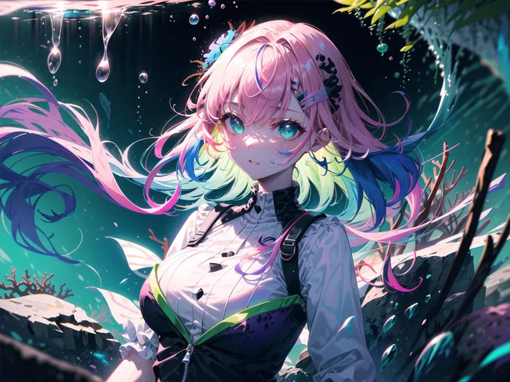 (8k, best quality, high quality:1.3), masterpiece, ultra-detailed, detailed face, (detailed background, clearly from a distance:1.4), steps 24mm F1.4, energetic, (upper_body:1.2), close_up, eyes_focus, looking_at_viewer, 
BREAK
(gradiant hair:1.5), (multicolored hair:1.7), (pink_hair:1.5), (sky_blue_hair:1.4), (light_purple_hair:1.45), (light_green_hair:1.4), blue_dress, round face, colored inner hair, 
BREAK
(multicolored_background:1.5), (gradient_background:1.4), (pink_background:1.3), (blue_background:1.1), (light_green_background:1.1), (grow_pink_particles:1.3), (underwater, rock, plant, flower, seaweed, coral, jellyfish:1.7), (reflection, prizm, aurora, crystal-eyes:1.3), (bubbles, foam, floating, light beam, caustics, delicate ripples at her feet:1.3)
BREAK
<lora:Vivid_Impactful_Style_locon_v4h:0.15>, <lora:JW:0.45>, <lora:LightLine:0.2>, <lora:[Style] Beautiful detailed eyes:0.45>, <lora:[Detail] more detailed:0.35>, 
BREAK