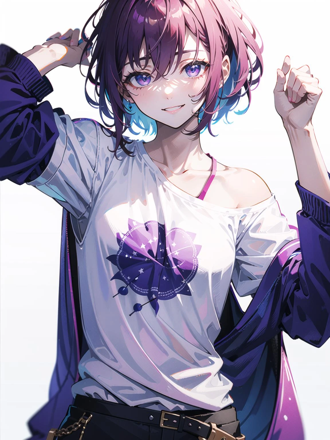 (dynamic_angle:1.1), (masterpiece:1.16), (best_quality:1.3), illustration, (beautiful-detailed eyes:1.28), (cinematic light:1.1), ultra detailed, (upper_body:1.3),
BREAK
1girl, solo, (pink_short_hair:1.3), hair_between_eyes, (purple_colored_inner_hair:1.19), standing, (white_background:1.4), (single bare shoulder shirt short:1.2), smile, happy_expression, (arms_behind_back:1.3),
BREAK
<lora:Vivid_Impactful_Style_locon_v4h:0.15>, <lora:[Style] Light and Shadow:0.25>, <lora:[Style] LightLine:0.2>, <lora:[Clothes] Single bare shoulder shirt:1>, <lora:portrait-0.1-2-b28-bf16-D128-A1-1-ep64-768-DAdaptation-cosine:0.5>,
BREAK