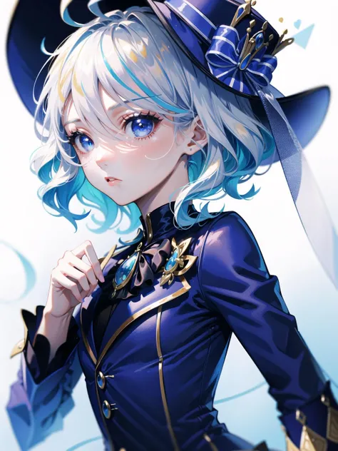(from_side:1.33), (profile:1.15), (masterpiece:1.16), (best_quality:1.3), illustration, (beautiful-detailed eyes:1.28), (cinematic light:1.1), ultra detailed, (looking_at_another:1.2), close_up, upper_body, 
BREAK
1girl, furinadef, solo, (deep-blue overcoat:1.1), (white suit:1.1), blue lapels, bare legs, (black legstraps:1.1), (white short shorts:1.09), long sleeves, deep-blue sleeves, golden arm bracelet, (black jabot:0.9), (blue bow with a tie on hip:1.1), black collar with blue emerald,deep-blue high hat (with golden crown:0.7), (cylinder hat:1.1), medium hair, (chin-length bob cut haircut:0.8), (curly hair:0.8), white hair, round face, tiny face, (expressionless:1.2),
BREAK
simple_background, (white_background:1.3), 
BREAK
<lora:[Character] Genshin Furina:1>, <lora:Vivid_Impactful_Style_locon_v4h:0.15>, <lora:[Style] Light and Shadow:0.5>, lora:[Detail] beautiful detailed eyes:0.35>, <lora:[Detail] more detailed:0.2>,
BREAK