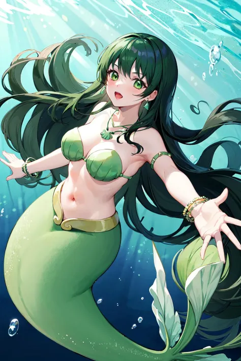 masterpiece, best quality, highres, dark green hair, green eyes, earrings, medium breasts, mermaid, monster girl, shell necklace, jewelry, bracelet, shell bikini, bikini top only, navel, <lora:touin_rina_v1:0.7>, underwater, outstretched arm, reaching out,