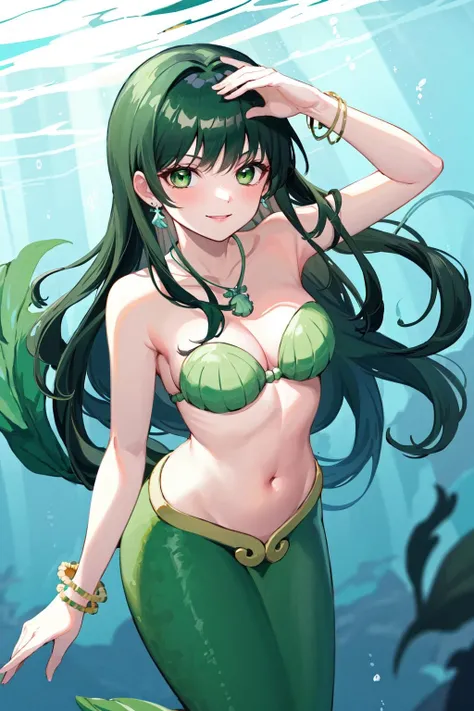 masterpiece, best quality, highres, dark green hair, green eyes, earrings, medium breasts, mermaid, monster girl, shell necklace, jewelry, bracelet, shell bikini, bikini top only, navel, <lora:touin_rina_v1:0.7>, underwater, ocean, smile, cowboy shot