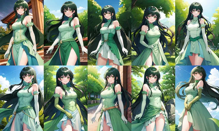masterpiece, best quality, highres, dark green hair, green eyes, jewelry, necklace, bare shoulders, turtleneck, green dress, elbow gloves, green gloves, <lora:touin_rina_v1:0.7>, cowboy shot, standing, outdoors, smile, arms at sides,