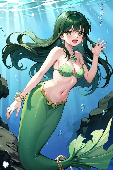 masterpiece, best quality, highres, dark green hair, green eyes, earrings, medium breasts, mermaid, monster girl, shell necklace, jewelry, bracelet, shell bikini, bikini top only, navel, <lora:touin_rina_v1:0.7>, ocean, underwater, smile, waving, open mouth,