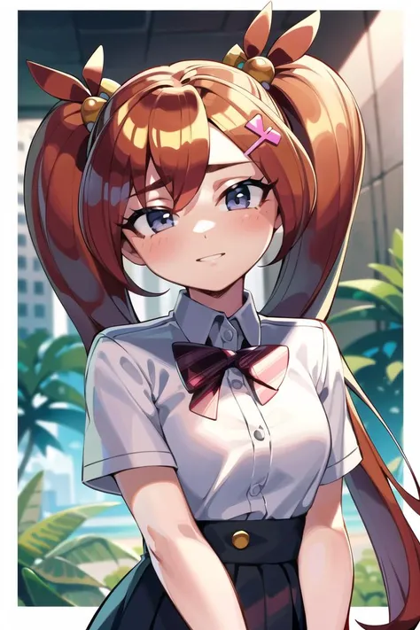 <lora:betilla-15:0.9>,betilla, masterpiece, best quality, solo, 1girl, school uniform, twintails, hair ornament,
