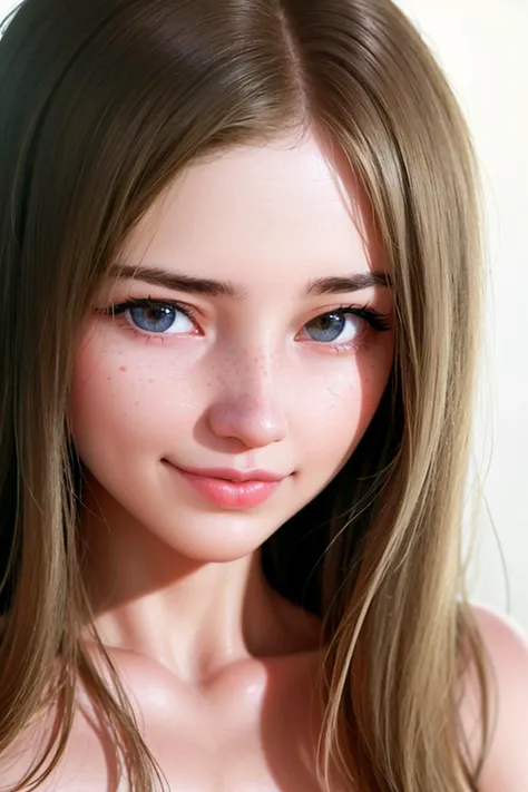 1girl, close-up, portrait, looking at viewer, (dimples:1.5), freckles, smile, detailed face features, photorealistic, high quality, best quality, highres, detailed green eyes, strong makeup <lora:Viv:1>