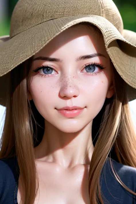 1girl, close-up, portrait, looking at viewer, dimples, freckles, smile, detailed face features, photorealistic, high quality, best quality, highres, detailed eyes,strong makeup <lora:Viv:1>