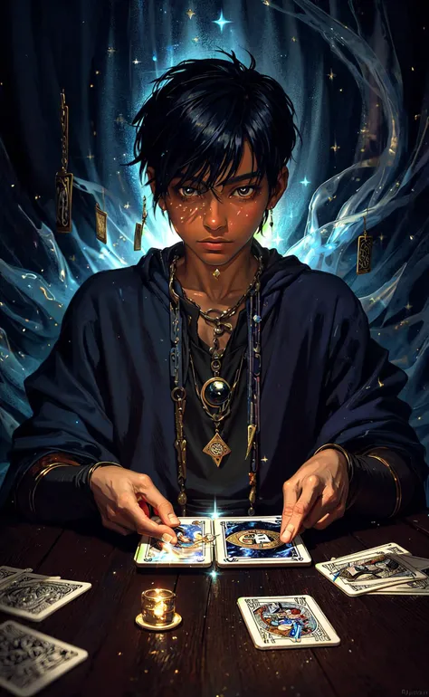 impressionism painting, realistic, 1boy, fortune teller, tarot cards at a table, looking at viewer, dark skin, mystical, magical, glow, glowing, dark magical lighting, moody, cinematic, sparkle, glittering, darkness