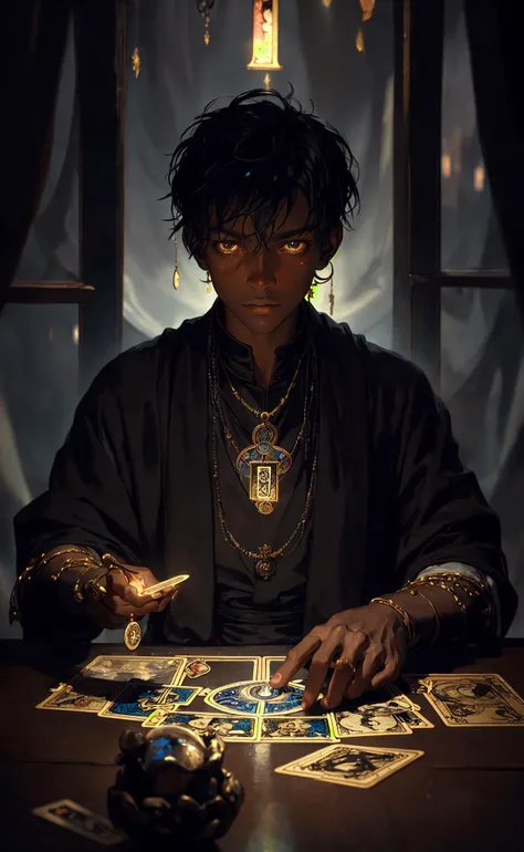 impressionism painting, realistic, 1boy, fortune teller, tarot cards at a table, looking at viewer, dark skin, mystical, magical, glow, glowing, dark magical lighting, moody, cinematic, sparkle, glittering, darkness
