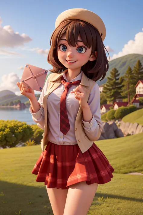 masterpiece, high quality best quality,1girl, bangs, beach, blue_sky, blush, bow, breasts, checkered, checkered_shirt, checkered_skirt, cloud, cloudy_sky, collarbone, day, envelope, giving, grass, hair_bow, heart, holding, holding_letter, horizon, incoming_gift, kazami_yuuka, leaning_forward, lens_flare, letter, light_rays, long_hair, looking_at_viewer, love_letter, mountain, mountainous_horizon, ocean, outdoors, plaid, plaid_background, plaid_bikini, plaid_bow, plaid_bowtie, plaid_bra, plaid_dress, plaid_headwear, plaid_jacket, plaid_legwear, plaid_necktie, plaid_neckwear, plaid_panties, plaid_pants, plaid_ribbon, plaid_scarf, plaid_shirt, plaid_skirt, plaid_vest, pov, shirt, skirt, sky, smile, solo, sun, sunbeam, sunlight, tree, unmoving_pattern