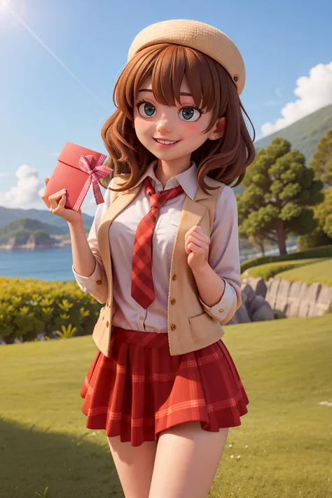 masterpiece, high quality best quality,1girl, bangs, beach, blue_sky, blush, bow, breasts, checkered, checkered_shirt, checkered_skirt, cloud, cloudy_sky, collarbone, day, envelope, giving, grass, hair_bow, heart, holding, holding_letter, horizon, incoming_gift, kazami_yuuka, leaning_forward, lens_flare, letter, light_rays, long_hair, looking_at_viewer, love_letter, mountain, mountainous_horizon, ocean, outdoors, plaid, plaid_background, plaid_bikini, plaid_bow, plaid_bowtie, plaid_bra, plaid_dress, plaid_headwear, plaid_jacket, plaid_legwear, plaid_necktie, plaid_neckwear, plaid_panties, plaid_pants, plaid_ribbon, plaid_scarf, plaid_shirt, plaid_skirt, plaid_vest, pov, shirt, skirt, sky, smile, solo, sun, sunbeam, sunlight, tree, unmoving_pattern