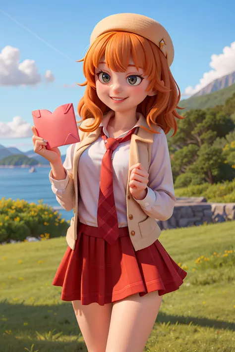 masterpiece, high quality best quality,1girl, bangs, beach, blue_sky, blush, bow, breasts, checkered, checkered_shirt, checkered_skirt, cloud, cloudy_sky, collarbone, day, envelope, giving, grass, hair_bow, heart, holding, holding_letter, horizon, incoming_gift, kazami_yuuka, leaning_forward, lens_flare, letter, light_rays, long_hair, looking_at_viewer, love_letter, mountain, mountainous_horizon, ocean, outdoors, plaid, plaid_background, plaid_bikini, plaid_bow, plaid_bowtie, plaid_bra, plaid_dress, plaid_headwear, plaid_jacket, plaid_legwear, plaid_necktie, plaid_neckwear, plaid_panties, plaid_pants, plaid_ribbon, plaid_scarf, plaid_shirt, plaid_skirt, plaid_vest, pov, shirt, skirt, sky, smile, solo, sun, sunbeam, sunlight, tree, unmoving_pattern