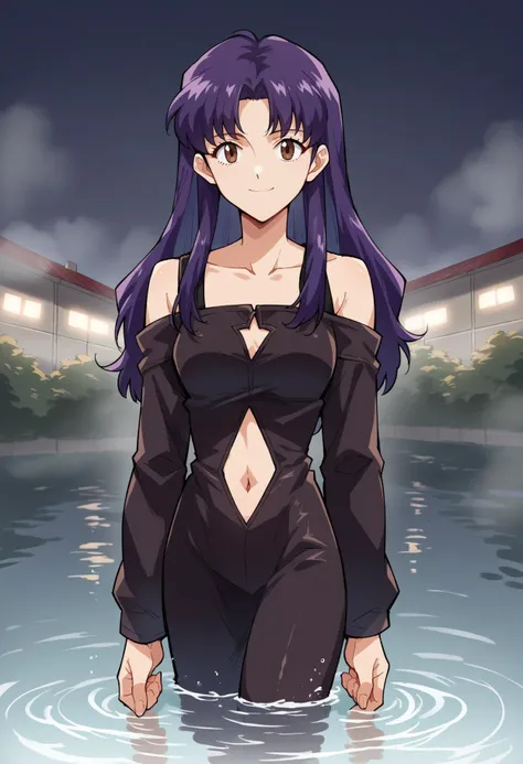 score_7, score_8_up, score_7_up, source_anime, 1girl, solo, looking at viewer, EPngeKatsuragiMisato, purple hair, brown eyes, long hair, , 1girl, black dress, off shoulder, navel cutout, collarbone ,dress, long sleeves, smile, standing, wading, in water, water, dark, night, darkness, fog, obscure, will-o'-the-wisp \(mythology\), <lora:EPngeKatsuragiMisatoPony-06:1.0>