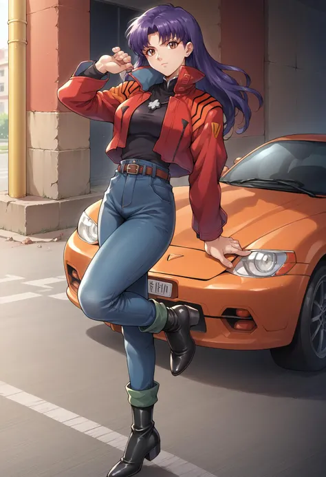 score_7, score_8_up, score_7_up, source_anime, 1girl, solo, looking at viewer, <lora:EPngeKatsuragiMisatoPony-06:1.0>, EPngeKatsuragiMisato, purple hair, brown eyes, long hair, jewelry, standing, jacket, earrings, boots, belt, pants, black footwear, high heels, black shirt, shadow, standing on one leg, cross, denim, ground vehicle, motor vehicle, red jacket, high heel boots, jeans, blue pants, car, vehicle focus, street, gas station,