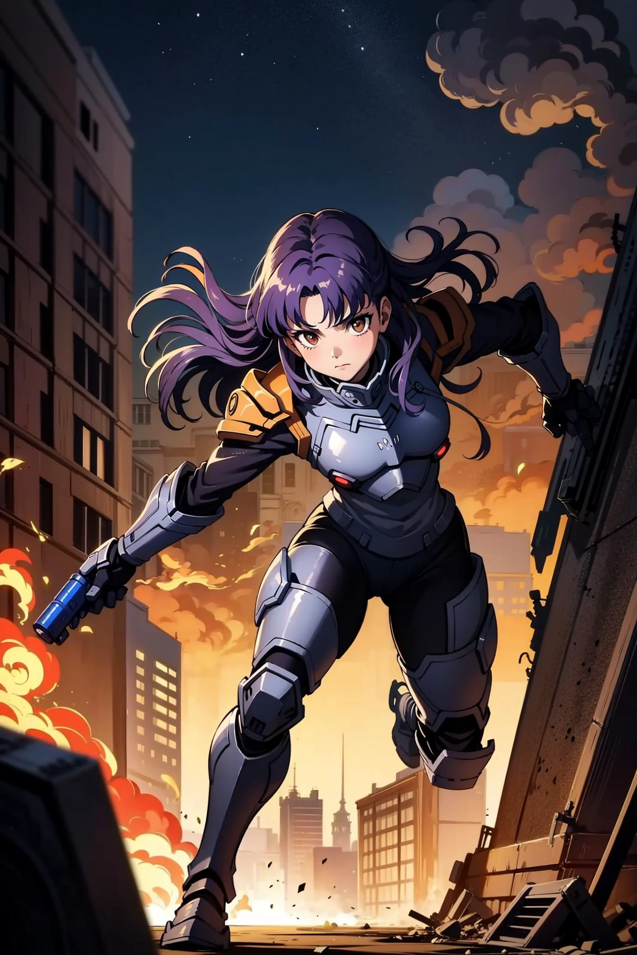 masterpiece, best quality, 1girl, solo, looking at viewer, <lora:EPngeKatsuragiMisato-08:0.75>, EPngeKatsuragiMisato, purple hair, brown eyes, long hair, detailed background, cowboy shot, <lora:ParrleyFLEX:0.8> Parrley_armor, wearing Parrley_armor, big bulky futuristic armor, serious, glowing armor, weapon, laser, fighting stance, running, dynamic pose, ruins, city, smoke, debris, fire, burning, night, darkness,