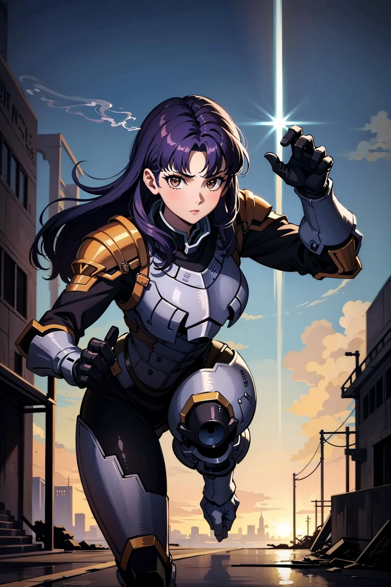 masterpiece, best quality, 1girl, solo, looking at viewer, <lora:EPngeKatsuragiMisato-08:0.75>, EPngeKatsuragiMisato, purple hair, brown eyes, long hair, detailed background, cowboy shot, <lora:ParrleyFLEX:0.8> Parrley_armor, wearing Parrley_armor, big bulky futuristic armor, serious, glowing armor, weapon, laser, fighting stance, running, dynamic pose, ruins, city, smoke, debris,