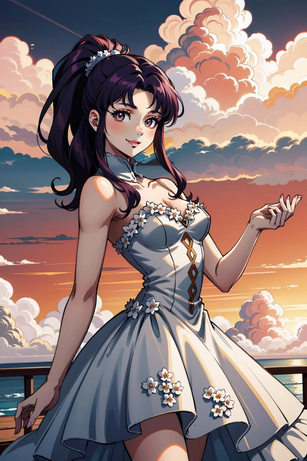 masterpiece, best quality, 1girl, solo, looking at viewer, <lora:EPngeKatsuragiMisato-08:0.75>, EPngeKatsuragiMisato, purple hair, brown eyes, long hair, ponytail, smile, mature female, medium breasts, detailed background, cowboy shot, outdoors, sky, cloud, edgCloud, a woman wearing a dress made of clouds , wearing edgCloud <lora:edgCloudDressv1:1>