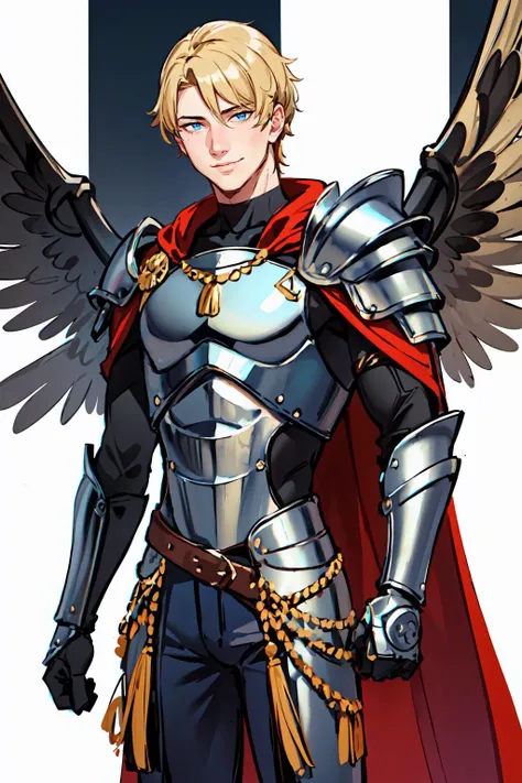 <lora:andavaL2:0.7> cowboy shot,, ultra detailed, masterpiece, best quality, aesthetic, detailed,, solo, smile, 1boy, blue eyes, medium blonde hair, parted bangs, hair intakes, male focus, muscular male,, armor, pauldrons, cuirass, gauntlets, waist cape, greaves, black bodysuit, surcoat, shoulder sash, wing shoulder armor, cape, pants,