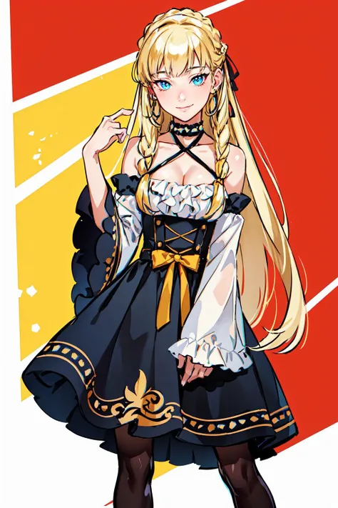 <lora:andavaL2:0.7>, ultra detailed, masterpiece, best quality, aesthetic, detailed,, solo, soft smile, light smile,
1girl, blue eyes, very long hair, blonde hair, long blonde hair, french braid, bangs, medium breasts,, hair ribbon, frilled choker, criss-cross halter, sleeveless dress, high-waist skirt, backless dress, waist bow, detached sleeves, frilled sleeves, wide sleeves, pantyhose, patterned legwear, mary janes,