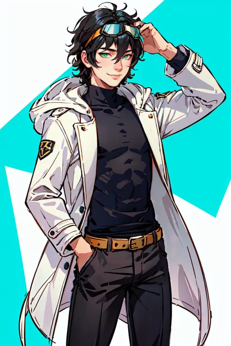 <lora:andavaL2:0.7> cowboy shot,, ultra detailed, masterpiece, best quality, aesthetic, detailed,, ultra detailed, masterpiece, best quality, solo, smile, 1boy, green eyes, short hair, black hair, bangs, hair between eyes, messy hair, (goggles on head:1.2),, headband, white coat, hooded coat, hood down, open coat, turtleneck, capri pants, pants, black knee boots,