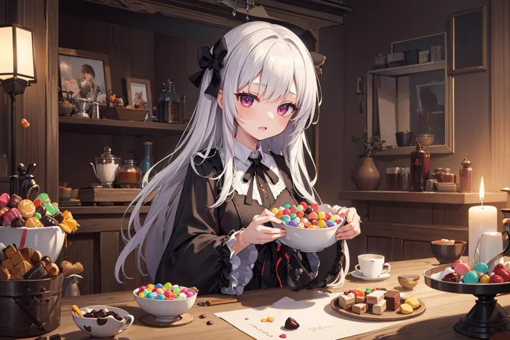 ((masterpiece)), (best quality), official art, extremely detailed CG, unity 8k wallpaper, ultra detailed, highly detailed, 
1girl, 
Cauldron of candy overflowing with sweet treats as background,horror,