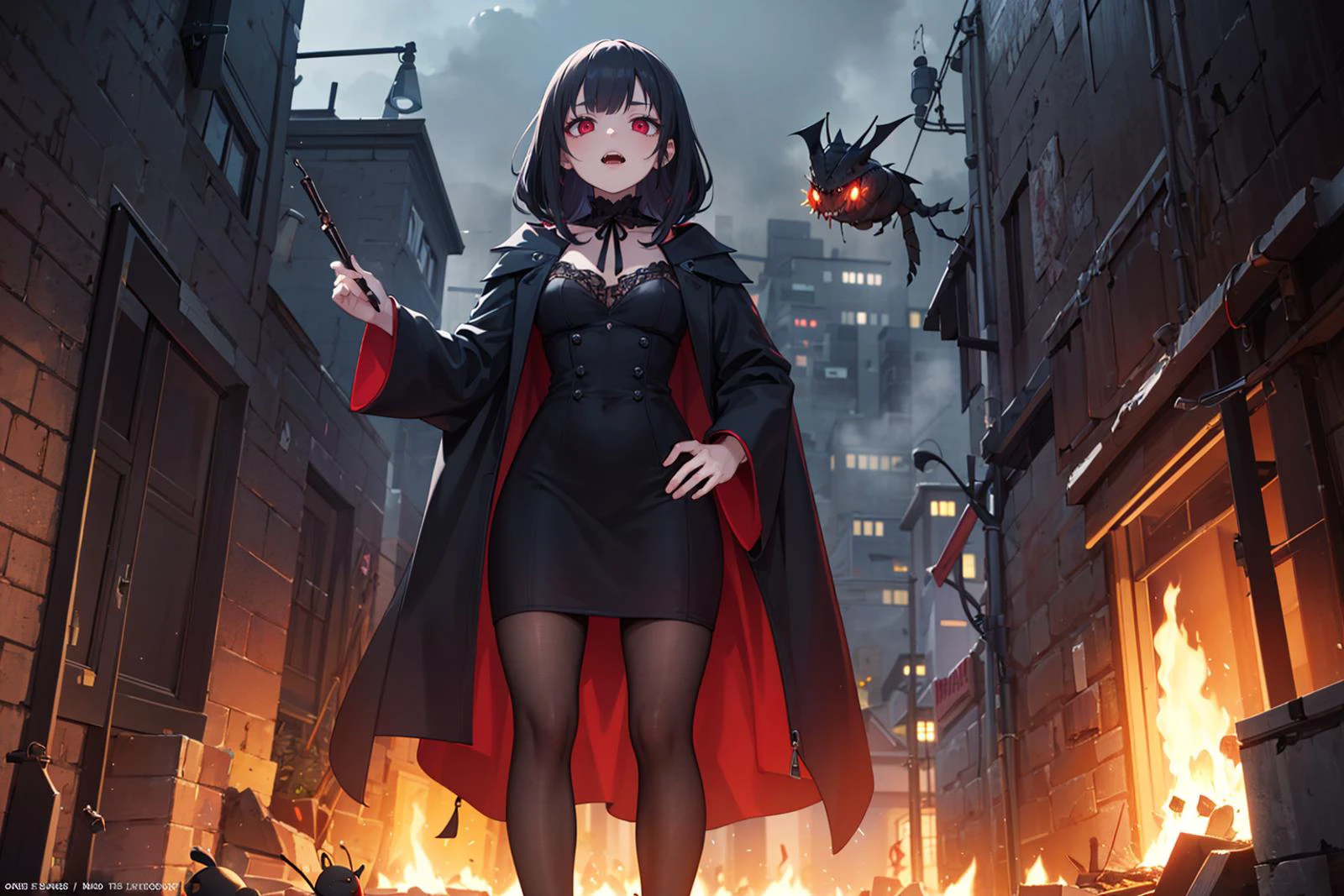 ((masterpiece)), (best quality), official art, extremely detailed CG, unity 8k wallpaper, ultra detailed, highly detailed,
1girl,
A sinister vampire lurking in a foggy alleyway as background,coven,bogeyman,fear,cockroach,goblin,bonfire,