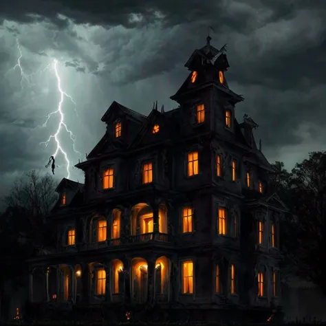 Ominous thunderstorm brewing above a haunted house as background,dread,zombie arms,zombie makeup,treat,cockroach,jack-o-lantern