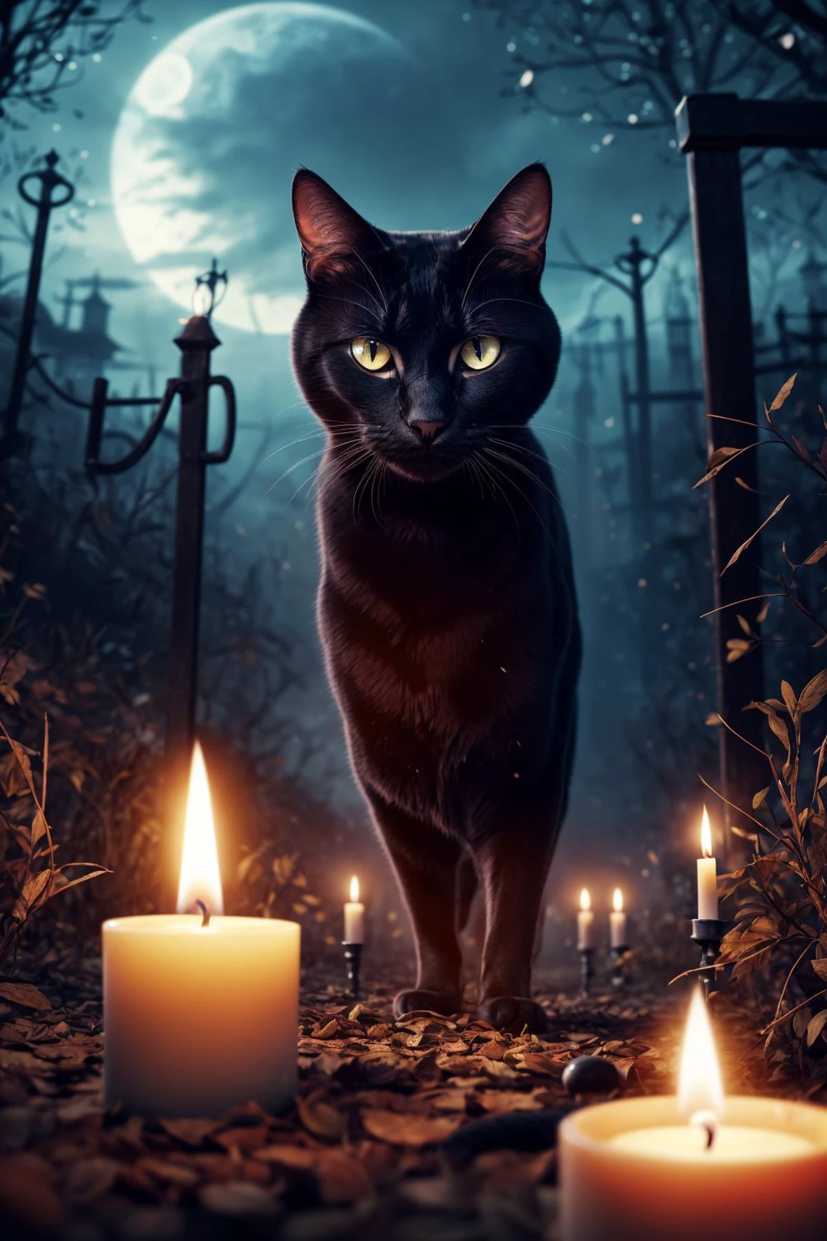 ((masterpiece)), (best quality), official art, extremely detailed CG, unity 8k wallpaper, ultra detailed, highly detailed, photorealistic, realistic photo,
Glowing-eyed black cat leading the way through a haunted maze as background,spell,candle,hayride,