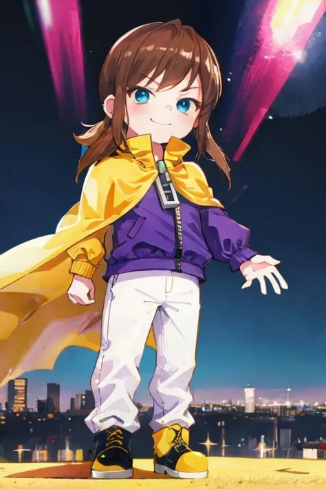 hatkid, child, brown hair, medium hair, blue eyes, yellow cape, purple jacket, zipper, white pants, boots, smug, standing, city <lora:hatkid:1>