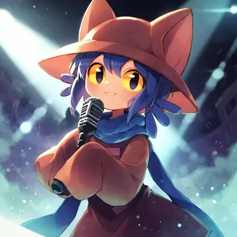 <lora:Niko:1>,1girl,solo,niko \(oneshot\),slit pupils,yellow sclera,cat hat,blue scarf,brown dress,long sleeves,black legwear,looking at viewer,smile,holding microphone, singing, concert stage, spotlight, fog,, (score_9,score_8_up,score_7_up), anime style, beautiful detailed skin, beautiful eyes, detailed face, best quality, high quality,