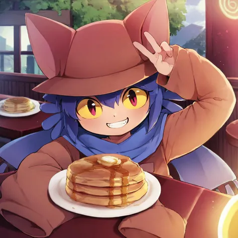 <lora:Niko:1>,1girl,solo,niko \(oneshot\),slit pupils,yellow sclera,cat hat,blue scarf,brown dress,long sleeves,black legwear,looking at viewer,big grin,arm above head,v,sitting in a dinner,pancakes on table,, (score_9,score_8_up,score_7_up), anime style, beautiful detailed skin, beautiful eyes, detailed face, best quality, high quality,