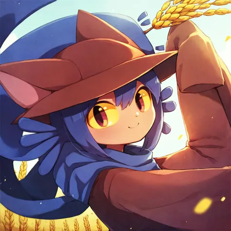 <lora:Niko:1>,1girl,solo,niko \(oneshot\),slit pupils,yellow sclera,cat hat,blue scarf,brown dress,long sleeves,black legwear,looking at viewer,smile, wheat field,, (score_9,score_8_up,score_7_up), anime style, beautiful detailed skin, beautiful eyes, detailed face, best quality, high quality,