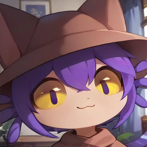 <lora:Expressive_H:1.0>, score_9, score_8_up, score_7_up, score_6_up, indoors, living room,2d, 1girl, <lora:meme_mutsukiface_ponyXL:1>, mutsukiface, chibi, portrait, smile, closed mouth, close-up, <lora:Niko:1>, niko \(oneshot\), slit pupils, yellow sclera, purple hair, purple scarf, brown dress, cat ears, cat hat, black eyes,