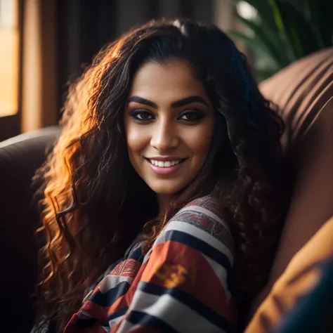 25yo Arabic smiling female looking at viewer, sitting on sofa, detailed face, attractive, underboob, traditional dress, salwar-kamiz, wavy chestnut hair, closeup, perfect eyes, (interior home background), (photorealistic), intricate, highly detailed, absurd res, symmetrical, backlighting, colorful, concept art, (photography:1.2), sharp focus, illustration, award-winning, 8K, abaya style