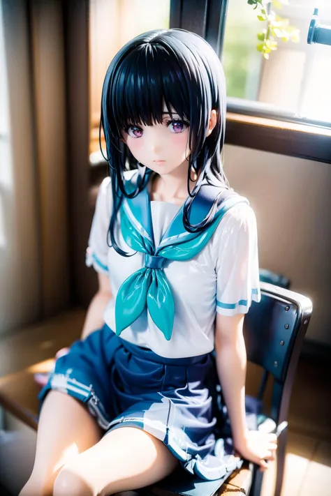 (best quality:1.2),(photorealistic),(PVC figure),(figure pedestal),1girl, blunt bangs, blue_sailor collar, kitauji high school uniform, long_hair, looking_at_viewer, neckerchief, serafuku, shirt, short_sleeves, yoroizuka mizore,(petit breast,slender),in the classroom,sitting on the chair,sunny,bright,morning,bloom,wind,(color tone is pastel and pale,colorful),
nice hands, perfect hands <lora:GoodHands-vanilla:1>,tilt-shift bokeh,(35mm photograph, film, professional, 4k, highly detailed) 
<lora:mizore :0.8:lbw=MIDD> <lora:add_brightness:0.8>