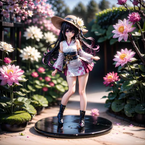 dynamic angle,<lora:Guakamo_figurine:0.8>,(masterpiece:1.5),HDR,vivid colors,1girl,asymmetrical legwear,bell,black footwear,black hair,boots,bow,full body,hat,japanese clothes,kimono,long hair,long sleeves,fox mask,solo,standing,thighhighs,very long hair,wide sleeves,flower,lily_(flower),1girl,white_flower,lotus,floral_background,pink_flower,daisy,long_hair,lily_pad,masterpiece,best quality,(Photorealistic:1.4),((Photoshoot Pose)),smiling,detailed face,detailed eyes,skin pores,realistic skin,looking_at_viewer,Cinematic shot,Ray Trace,Depth of Field,(((full body))),<lora:more_details:0.5>,