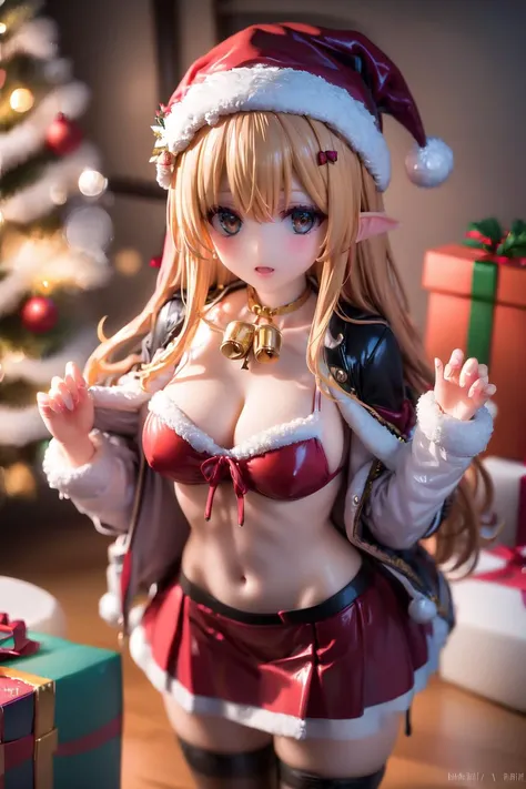 link, 1boy, femboy, Elf male, agachado light skin,, dressed up as mother claus, vestido, UHD, cabelos realistas, perfect hands, textura de pele, melhor qualidade de reflexos, roupas detalhada, 3d, Cartoon, fundo escuro